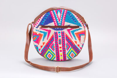 Vintage White & Neon Pink Boho Round Sling Bag